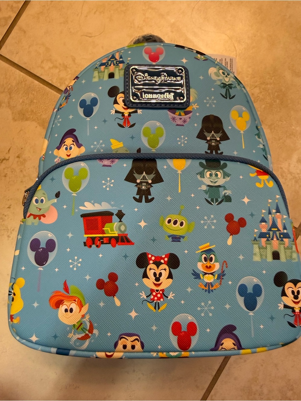 Disney Loungefly Light Blue Backpack with Minnie, Mickey & Park Icons